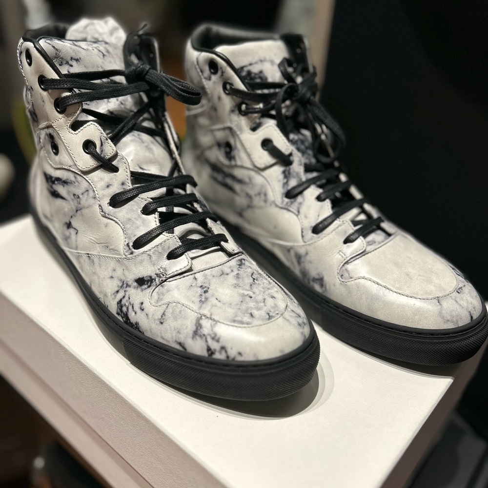 Balenciaga Paris High Top Sneakers White Marble Leather Size 43 EUR (10 US)